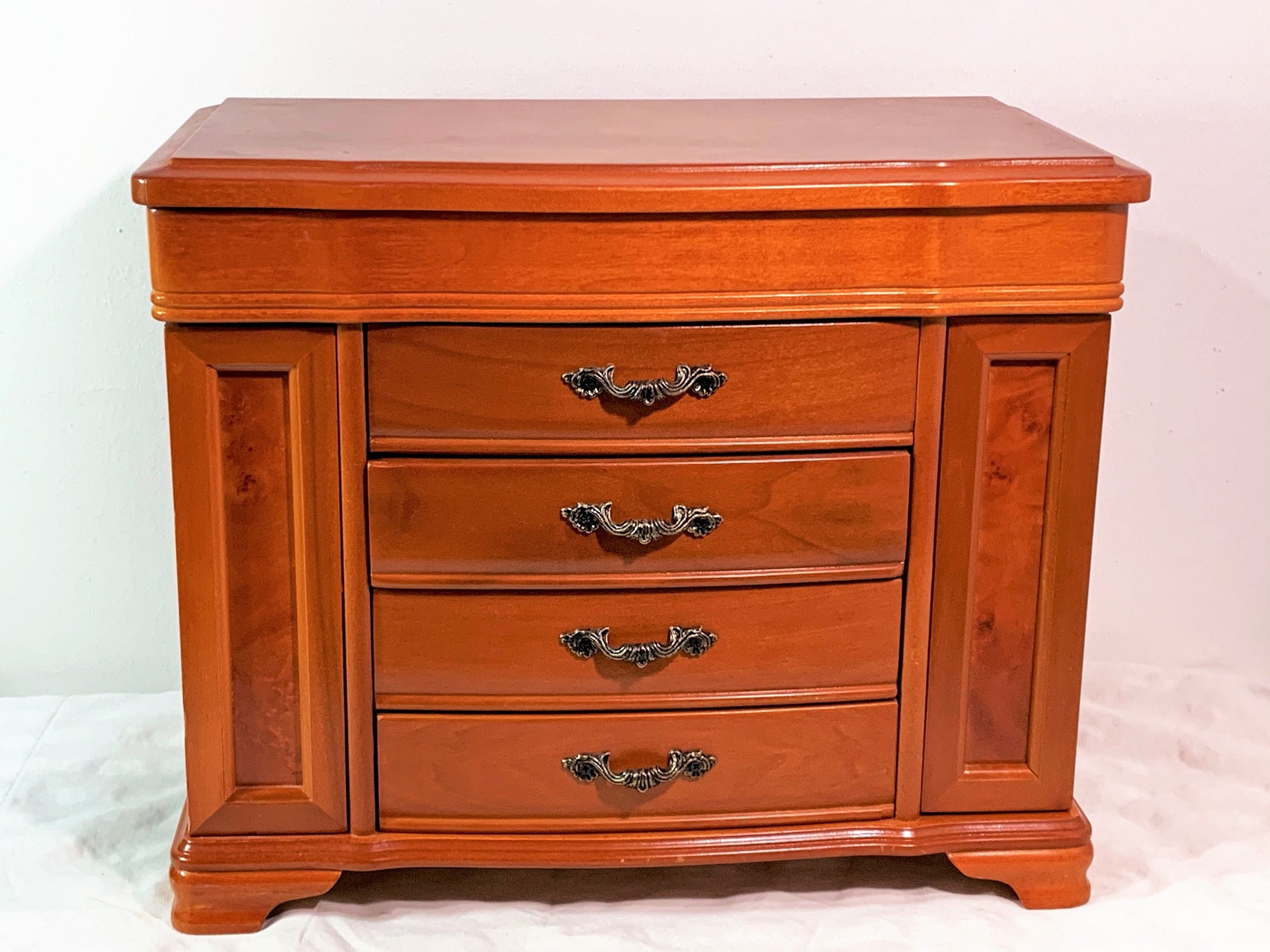 Vintage Super Large Burl Wood Jewelry Armoire, Hinged Lid W/Large