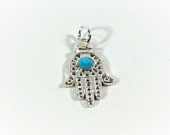Sterling Silver Hamsa-Khamsa, Filigree with Blue Turquoise, Defense Against the Evil Eye, 22 X 11.5 mm. A Universal Sign of Protection,