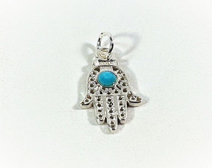 Sterling Silver Hamsa-Khamsa, Filigree with Blue Turquoise, Defense Against the Evil Eye, 22 X 11.5 mm. A Universal Sign of Protection,