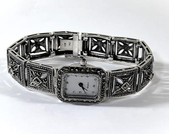 Vintage DBJ Sterling Silver & Marcasite Exotic Victorian Watch, 33.1 Grams, 23X19mm Case, 14.5mm Wide Bracelet Band, 7" L.  Free US Shipping