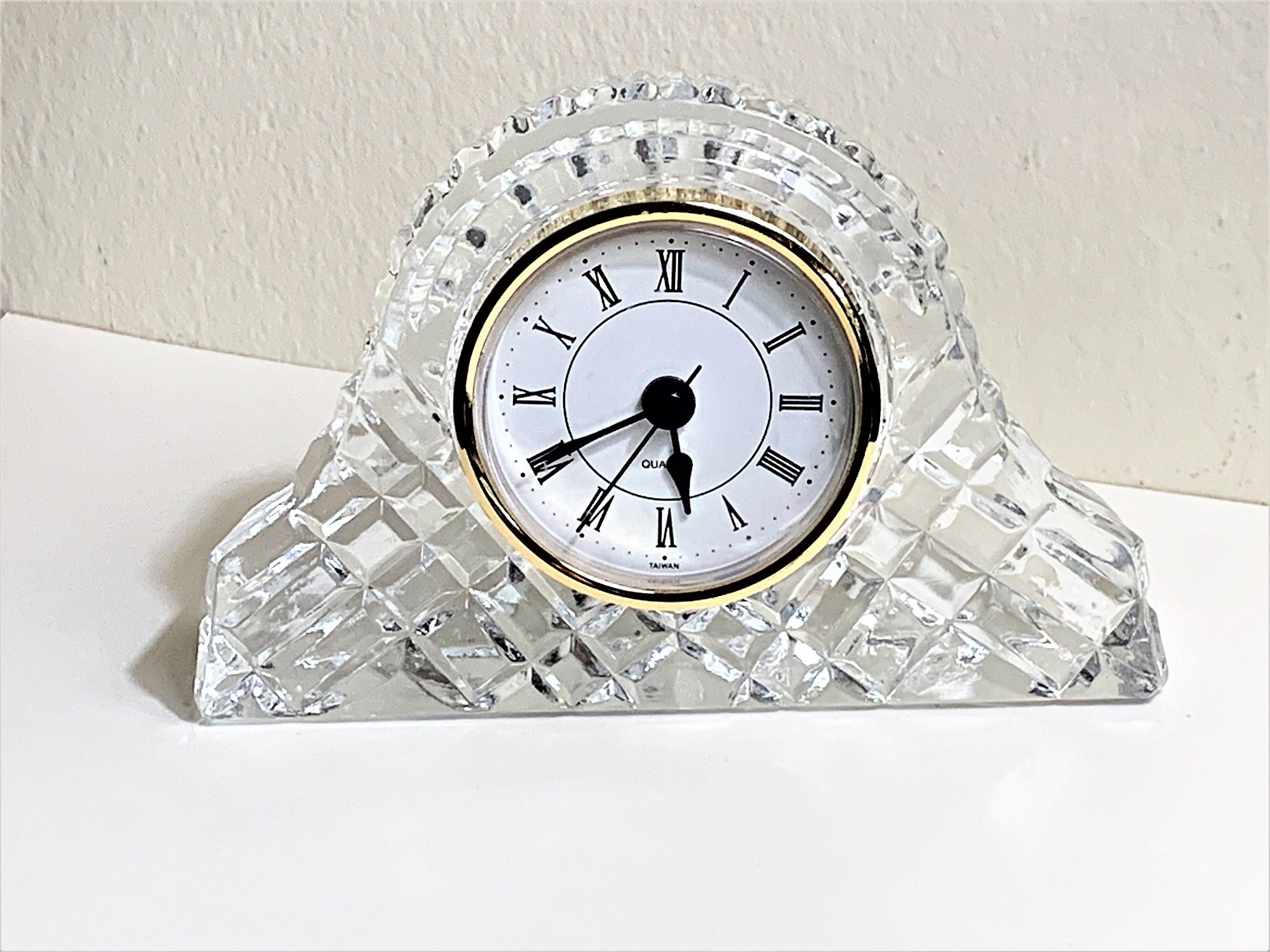 Vintage 24 Lead Crystal Mantle Clock, Hand Cut Deep Fine Crystal Block