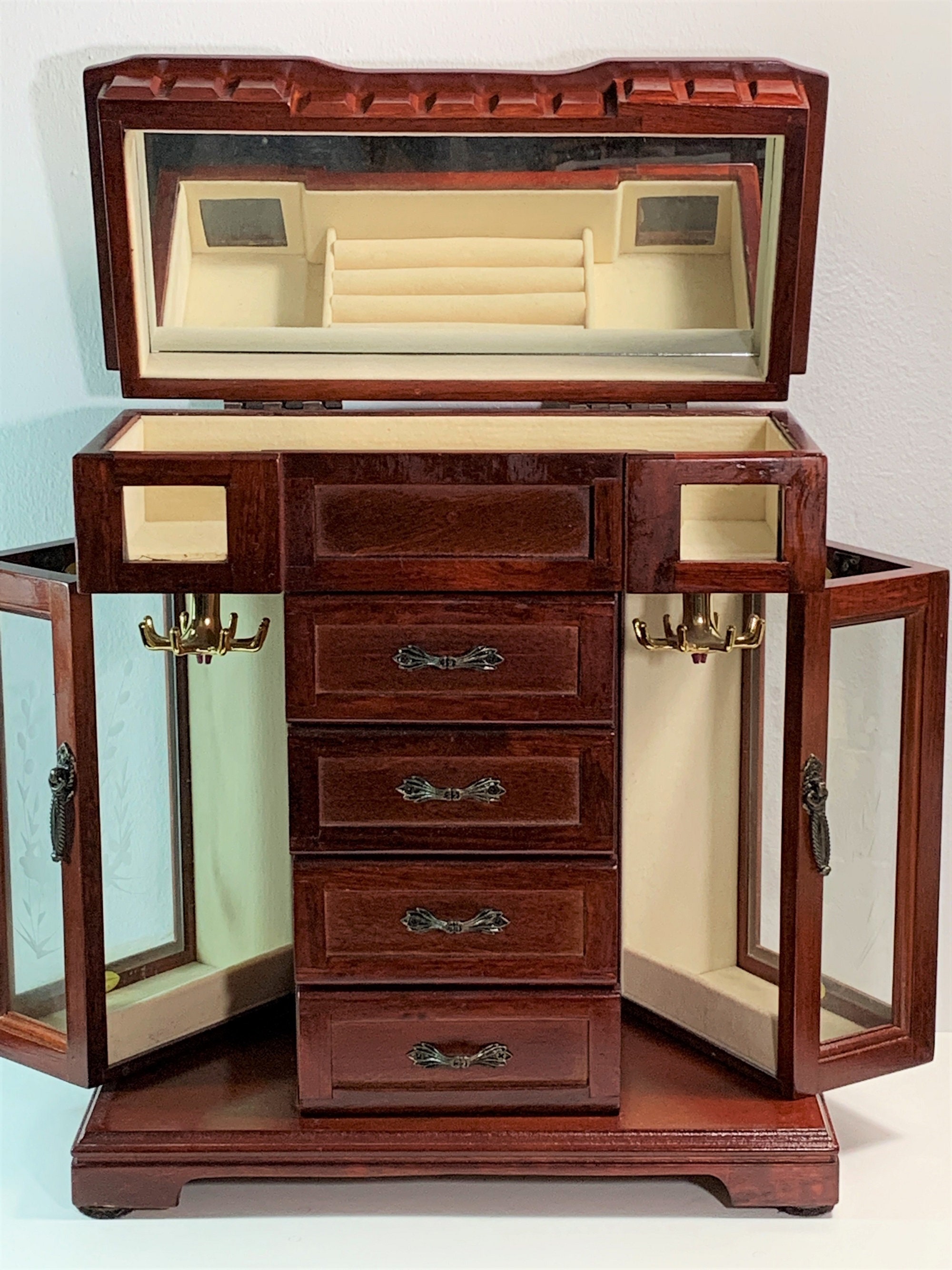 Vintage Large Wood Jewelry Armoire, Hinged Top, Large Mirror, 2 Side