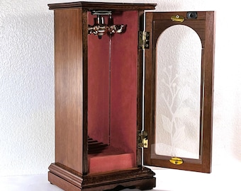 Vintage Carved Wood Jewelry Armoire: Etched Glass Door, Mahogany Finish
