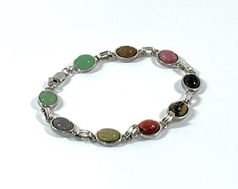 VTG FAS® Sterling Silver Scarab Bracelet, 9 Gemstone Scarabs 8X6mm, Jade, Coral, Onyx, Tiger's Eye, Onyx, Agate Etc.  7" L. Free US Shipping