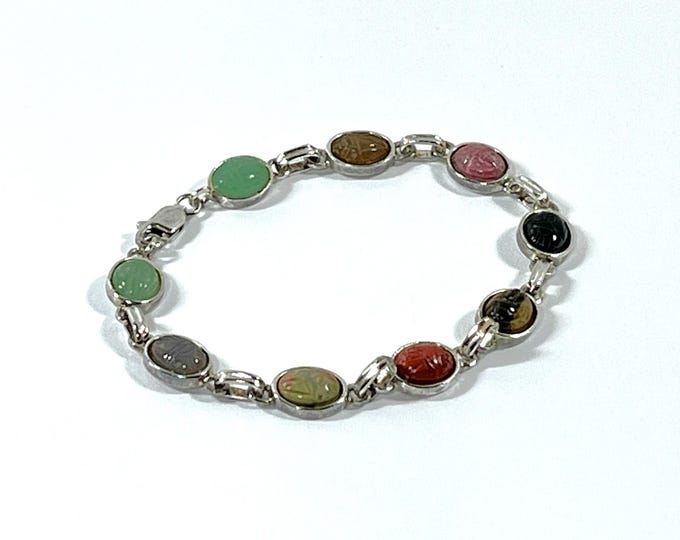 VTG FAS® Sterling Silver Scarab Bracelet, 9 Gemstone Scarabs 8X6mm, Jade, Coral, Onyx, Tiger's Eye, Onyx, Agate Etc.  7" L. Free US Shipping