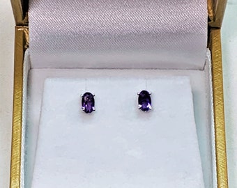 14K White Gold Purple Amethyst Studs, Oval Shape Faceted Natural Amethyst Gemstone 5X3 mm, .56 carat T.W, Basket Set, Free US Shipping.