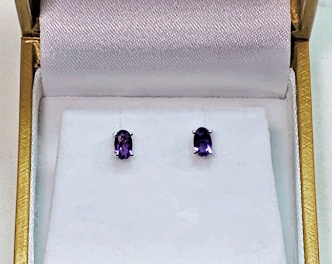 14K White Gold Purple Amethyst Studs, Oval Shape Faceted Natural Amethyst Gemstone 5X3 mm, .56 carat T.W, Basket Set, Free US Shipping.