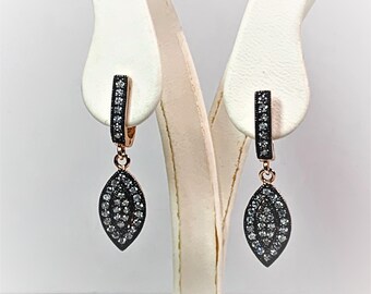 Sterling Silver .925 - Rose Gold Overlay Dangle Earrings, Brilliant Cut CZ, Darkened Background, 5.60 Grams,  Omega Backs, Free US Shipping.