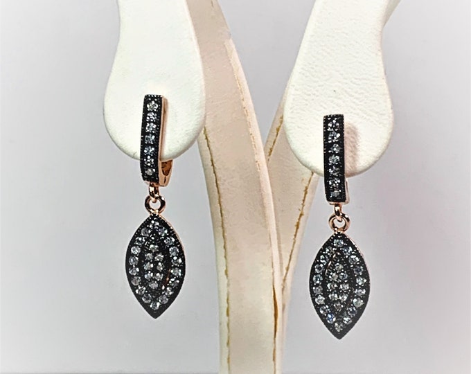 Sterling Silver .925 - Rose Gold Overlay Dangle Earrings, Brilliant Cut CZ, Darkened Background, 5.60 Grams,  Omega Backs, Free US Shipping.