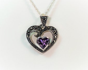 Sterling Silver Marcasite & Amethyst Heart Necklace, 7mm Heart Shape Purple Amethyst, 16" Links Chain. Polished. Free US Shipping.