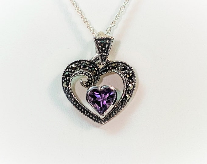 Sterling Silver Marcasite & Amethyst Heart Necklace, 7mm Heart Shape Purple Amethyst, 16" Links Chain. Polished. Free US Shipping.