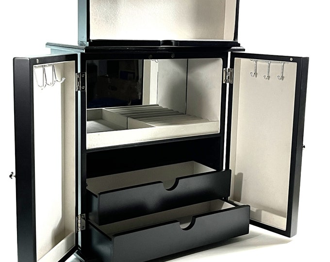 Vintage Large Wood Jewelry Armoire, Black, 2 Doors W/ Hangers Inside