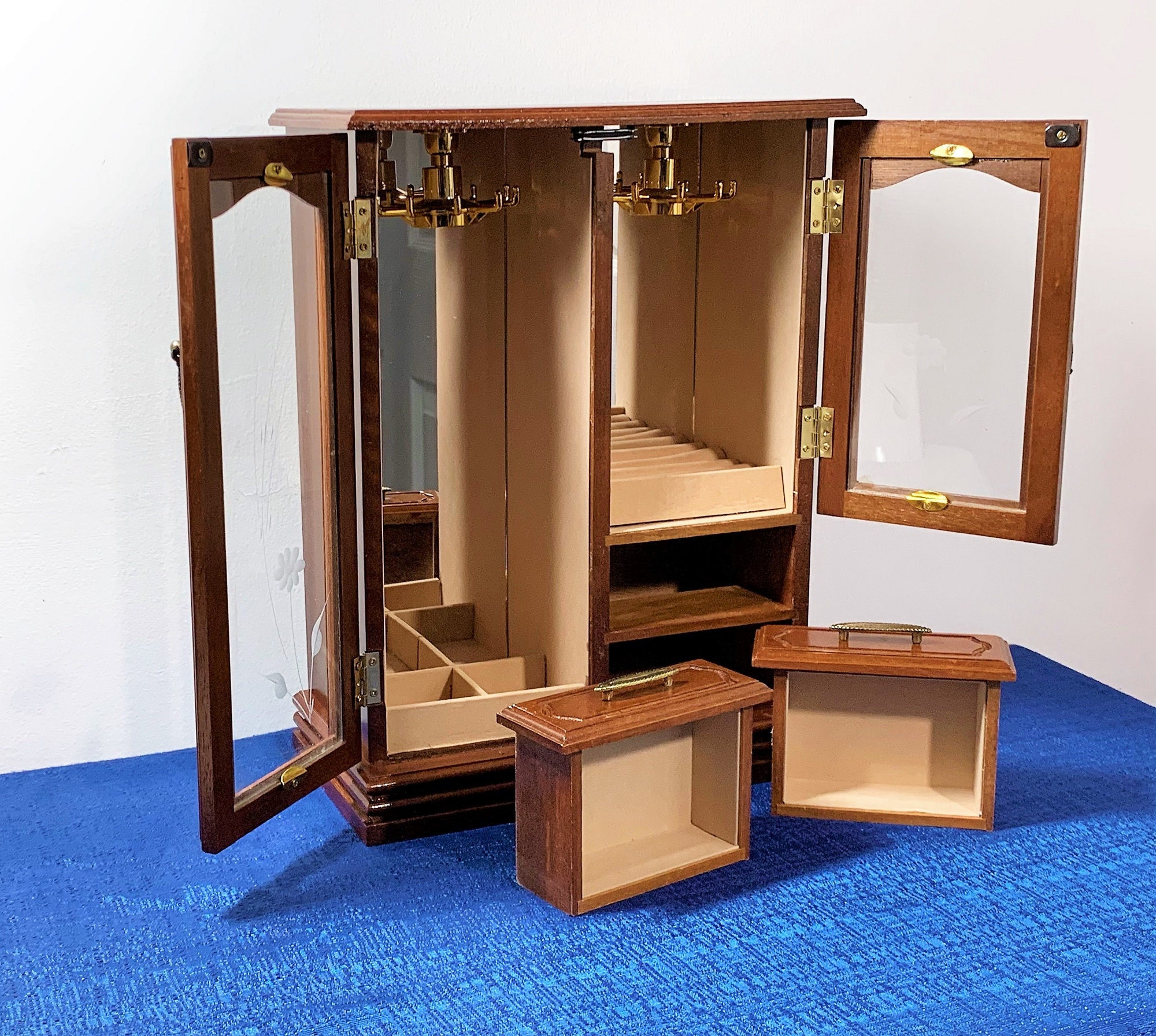 Vintage Large Solid Wood Jewelry Armoire Chest, 2 Doors W/ Etched Glass