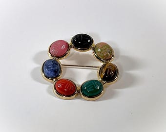 Vintage 1970's Gemstone Scarabs Brooch, 7 Gems 11X9mm, Lapis, Tiger's Eye, Coral. Nephrite, Jasper & Onyx. 1.5". Gold Tone. Free US Shipping