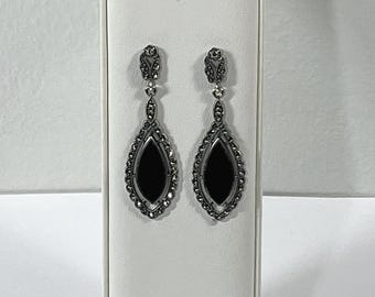 Vintage Sterling Silver Black Onyx Long Dangle Earrings,  2 1/8" - 55mm long, 8 Grams. Refinished. Free US Shipping