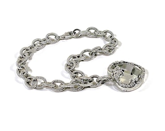 Sterling Silver Rolo Link Single Heart Charm Bracelet, Faceted Austrian Crystal Heart in Victorian Bezel, 27 Grams, 7.5" L. Free US Shipping
