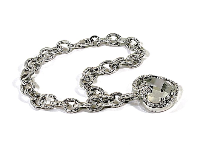 Sterling Silver Rolo Link Single Heart Charm Bracelet, Faceted Austrian Crystal Heart in Victorian Bezel, 27 Grams, 7.5" L. Free US Shipping