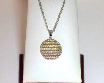 Sterling Silver Glamorous Slide, Gold & Rhodium Overlay, Round Brilliant Rows of CZ, 1" Circle, 16" Vintage Sterling Chain. Free US Shipping