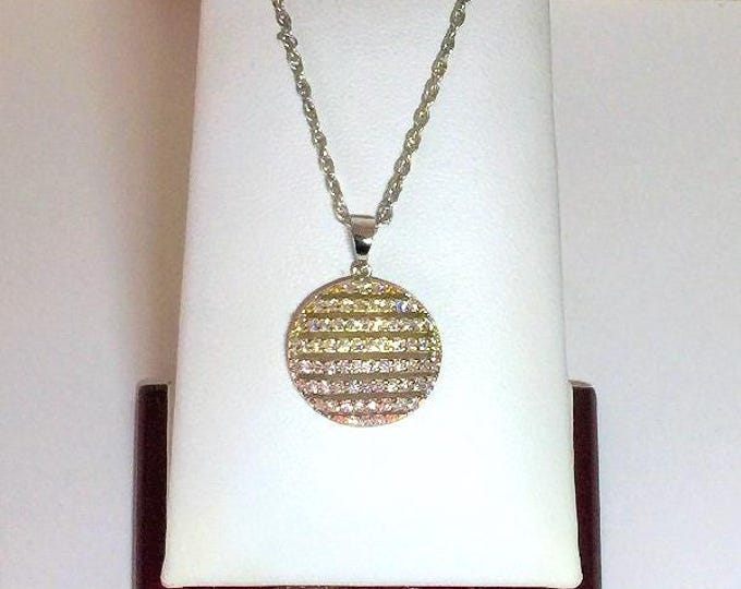 Sterling Silver Glamorous Slide, Gold & Rhodium Overlay, Round Brilliant Rows of CZ, 1" Circle, 16" Vintage Sterling Chain. Free US Shipping