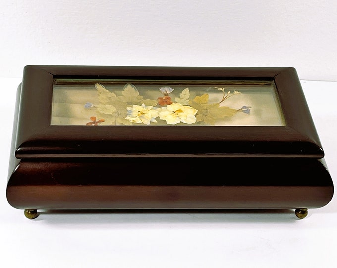 The Bombay Company Musical Jewelry Box. Mahogany Wood, Glass Window W/ Pressed Dried Flowers, Plays  "Love Story', 8.5" W. Free US Shipping.