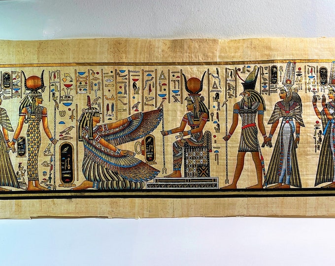 Vintage Large Hand Painted Egyptian Papyrus, Queen Nefertari's Tomb Wall Scenes, Valley Of The Queens. Luxor, 30" W. 12" L. Free US Shipping