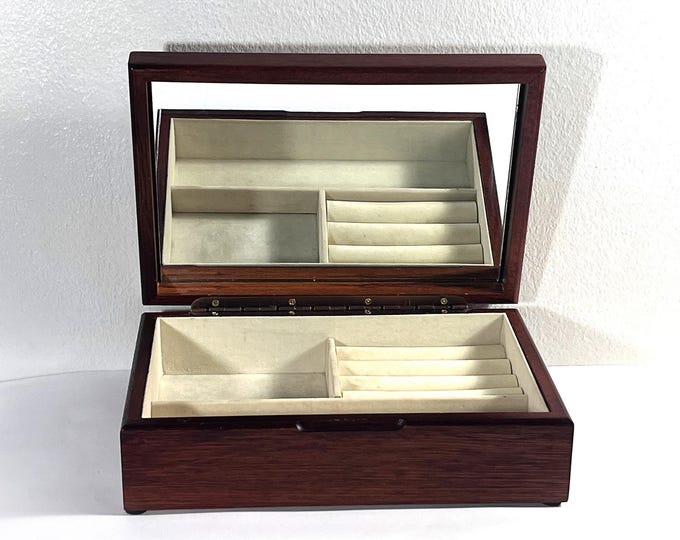 Vintage Carved Teak Wood Jewelry Box, Large Mirror, 9" Wide, 3" High. 6" Long. Ring Section, 2 Compartments, Restored, Free US Shipping
