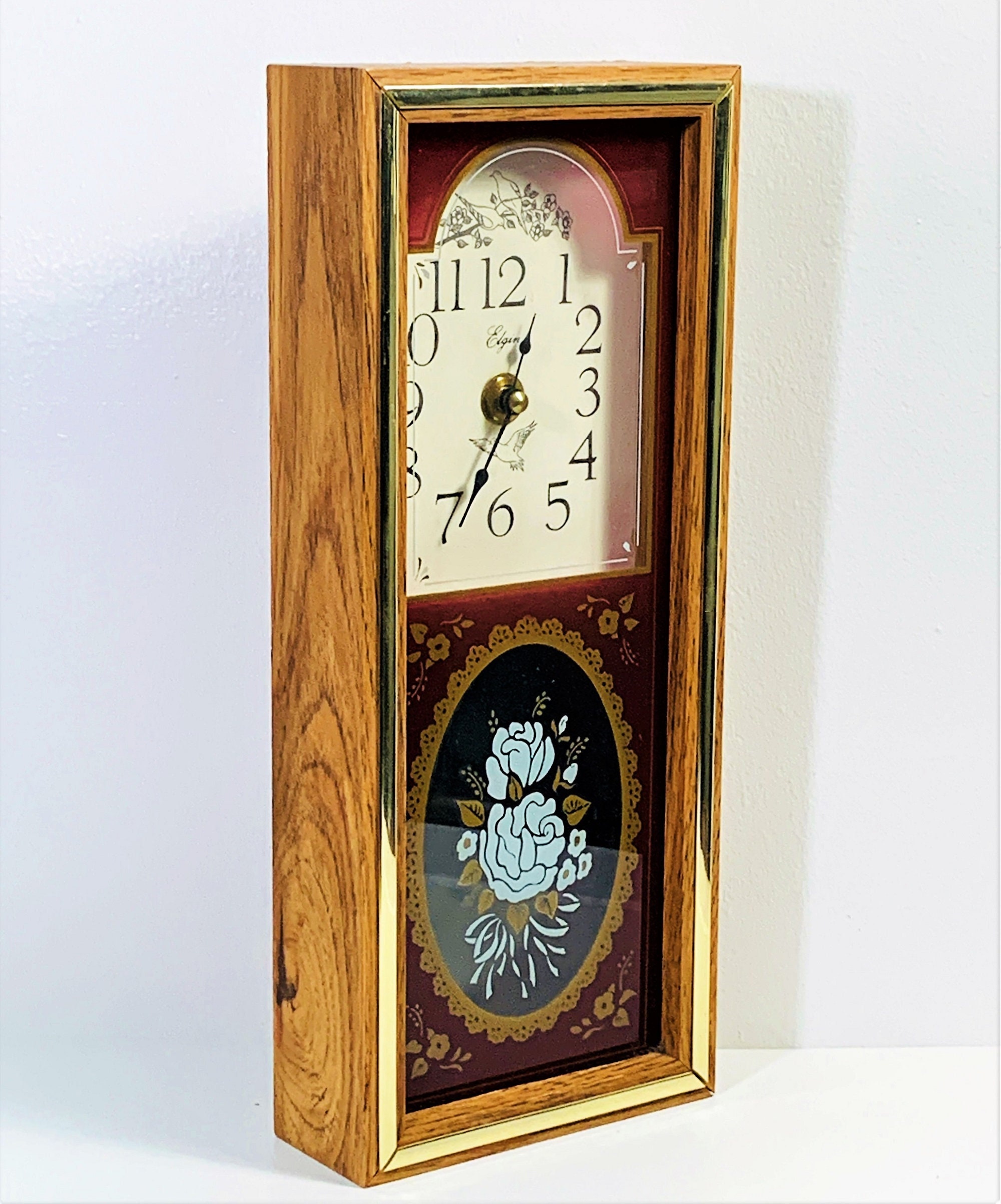 Elgin Clock Co. Wall Novelty Clock Birds & Roses, 13 Tall 5 1/4 Wide