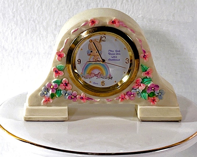Vintage Precious Moments® Miniature Clock, "May God Bless You With Rainbows", Japan Quartz, Works Perfect. 2" T. 3" W. Free US Shipping