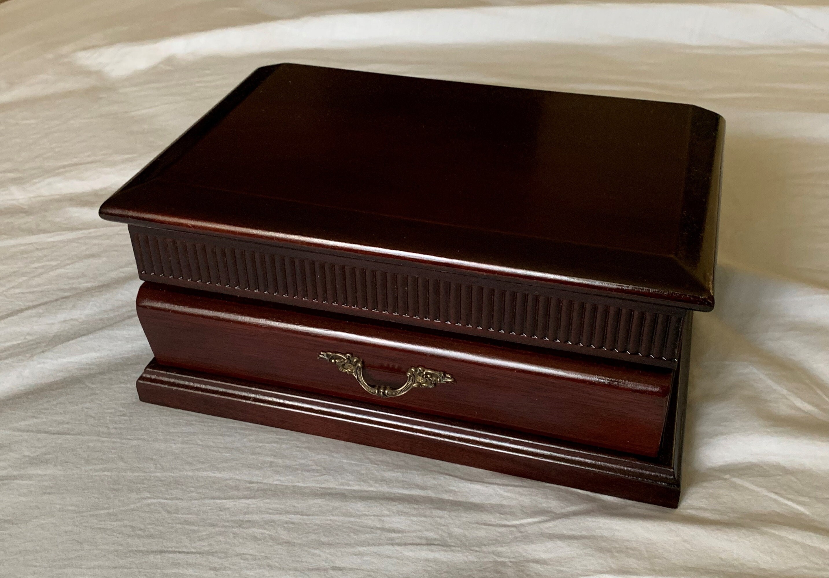 Vintage Fine Wood Jewelry Box Storage, Large Mirror, Padded Drawer