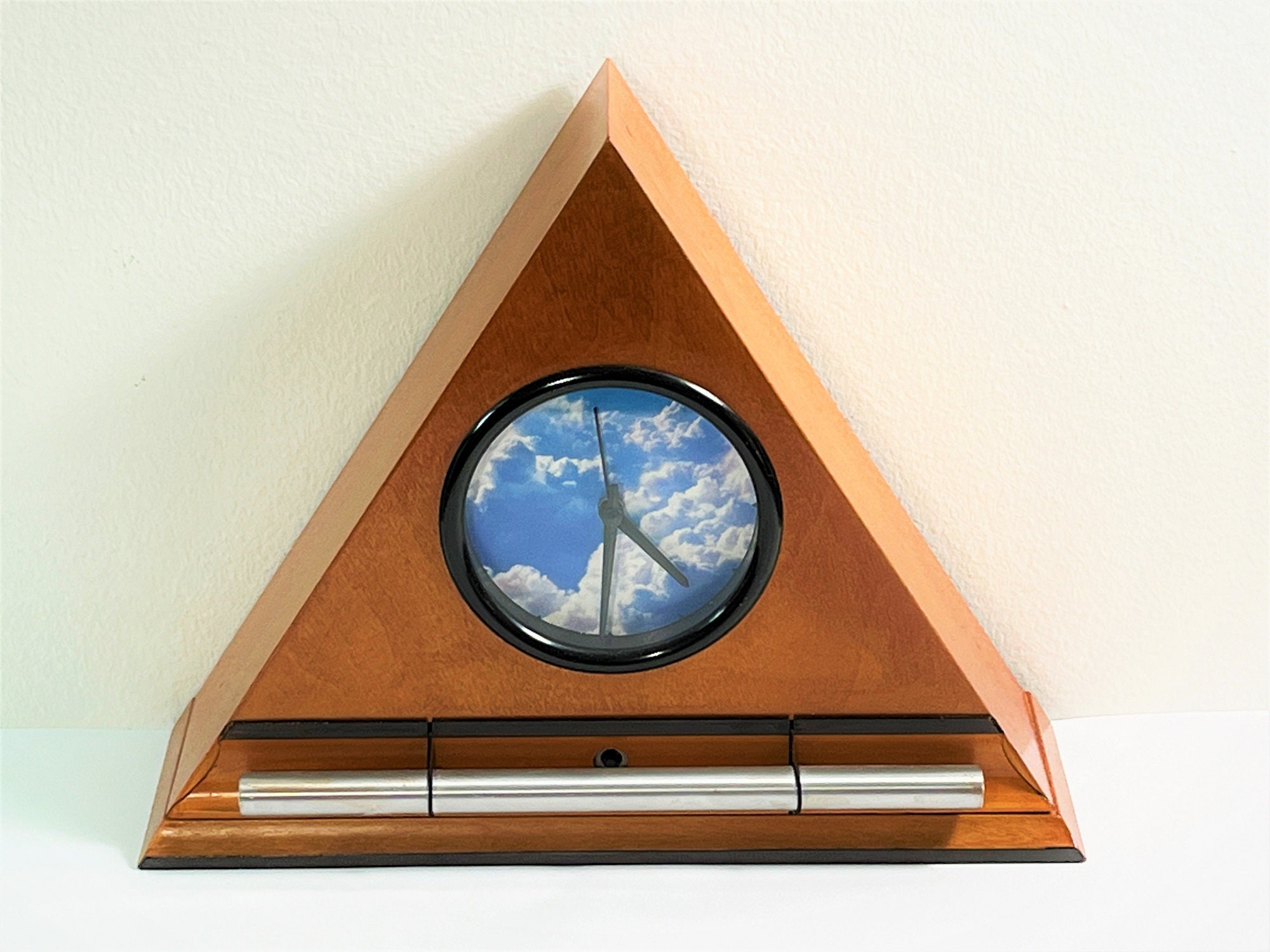 Vintage Now Alarm Clock, Progressive Tone Chime, Wood Pyramid Honey Finish, 9 T. 11 W. Blue Sky & Clouds Free US Shipping.