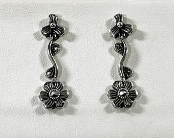Vintage Sterling Silver & Marcasite Dangle Earrings, 1.25" L. 11mm Roses, Posts. 4.20 Grams. Mint Condition. Free US Shipping.