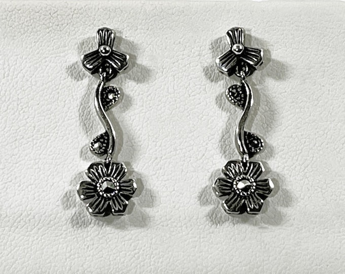 Vintage Sterling Silver & Marcasite Dangle Earrings, 1.25" L. 11mm Roses, Posts. 4.20 Grams. Mint Condition. Free US Shipping.