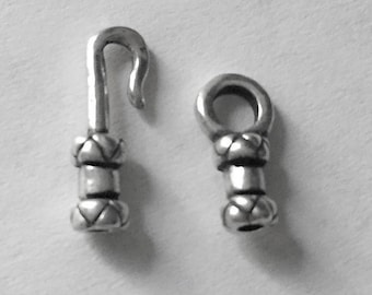 Argent sterling .925 Tube-End Hook and Eye Clasp, pour cordon ou chaîne. Trou de 2 mm