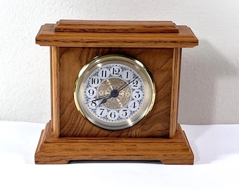 Vintage Carved Swiss Krono Walnut Wood Clock, Germany. Antique Pattern Brass Dial & Bezel, Precision Quartz, 5" T. 6" W. Free US Shipping