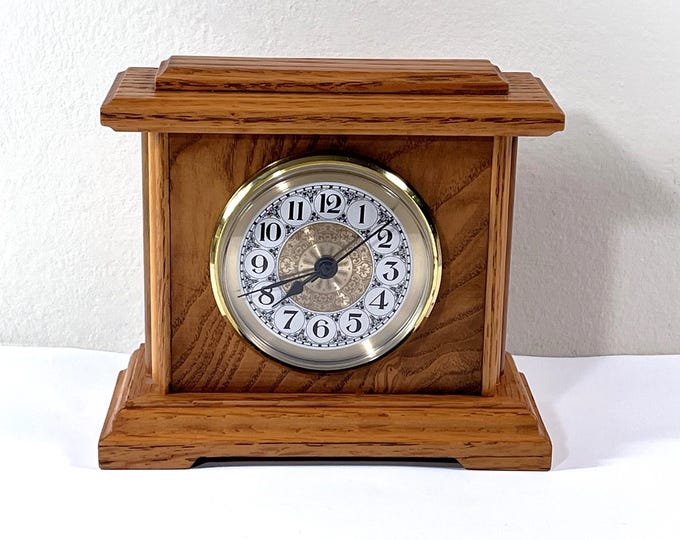 Vintage Carved Swiss Krono Walnut Wood Clock, Germany. Antique Pattern Brass Dial & Bezel, Precision Quartz, 5" T. 6" W. Free US Shipping