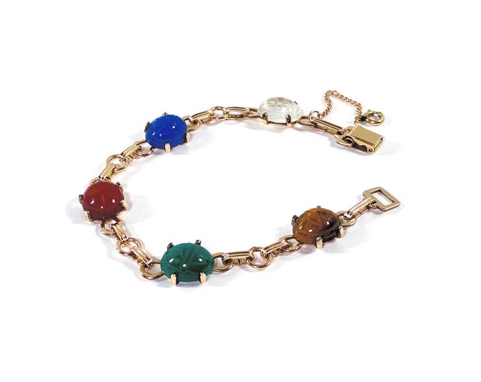 Vintage WRE™ 12K Gold Filled Scarab Bracelet, 5 Natural Gemstones Scarabs 12X10mm, 10.90 Grams, 7" L. Safety Chain, Signed. Free US Shipping