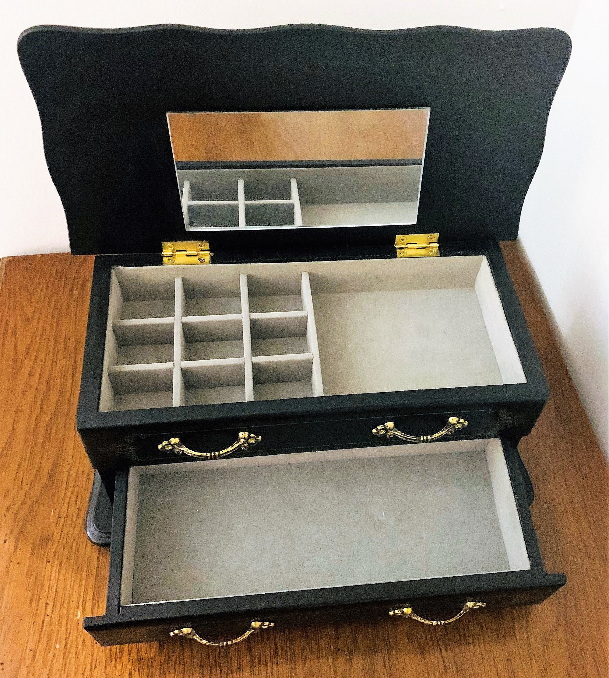 Vintage Wood Jewelry Box, Hinged Lid W/Mirror, Padded Sections & Wide