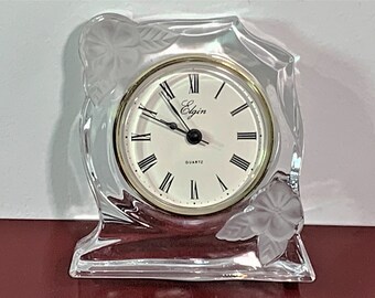 Vintage Elgin France Lead Crystal Floral Clock. Precision Quartz, Works Perfectly. Top Grade Condition. 5" T. 4.25" W. Free US Shipping.