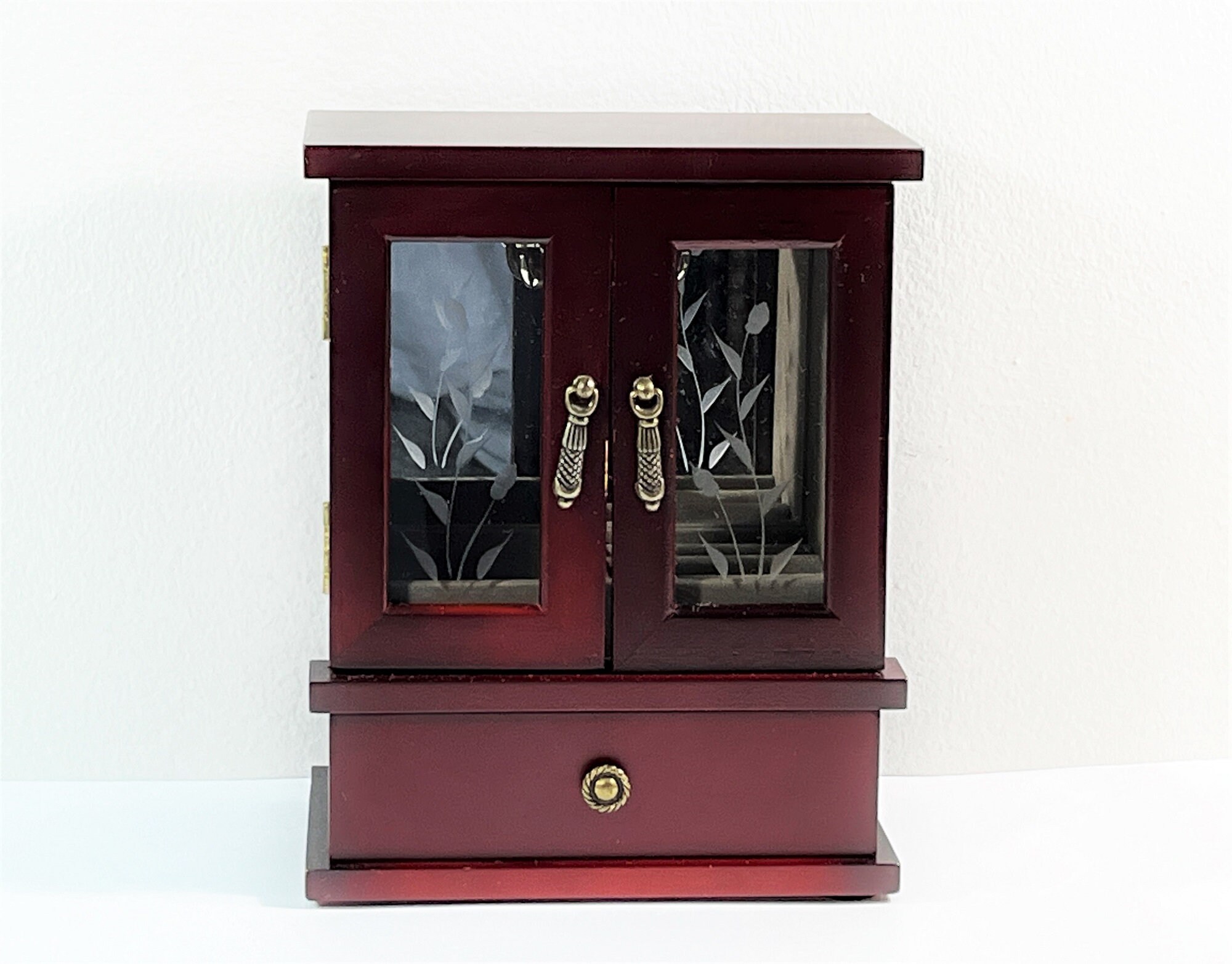 Vintage Mahogany Wood Small Jewelry Armoire 9 T. 7 W Floral