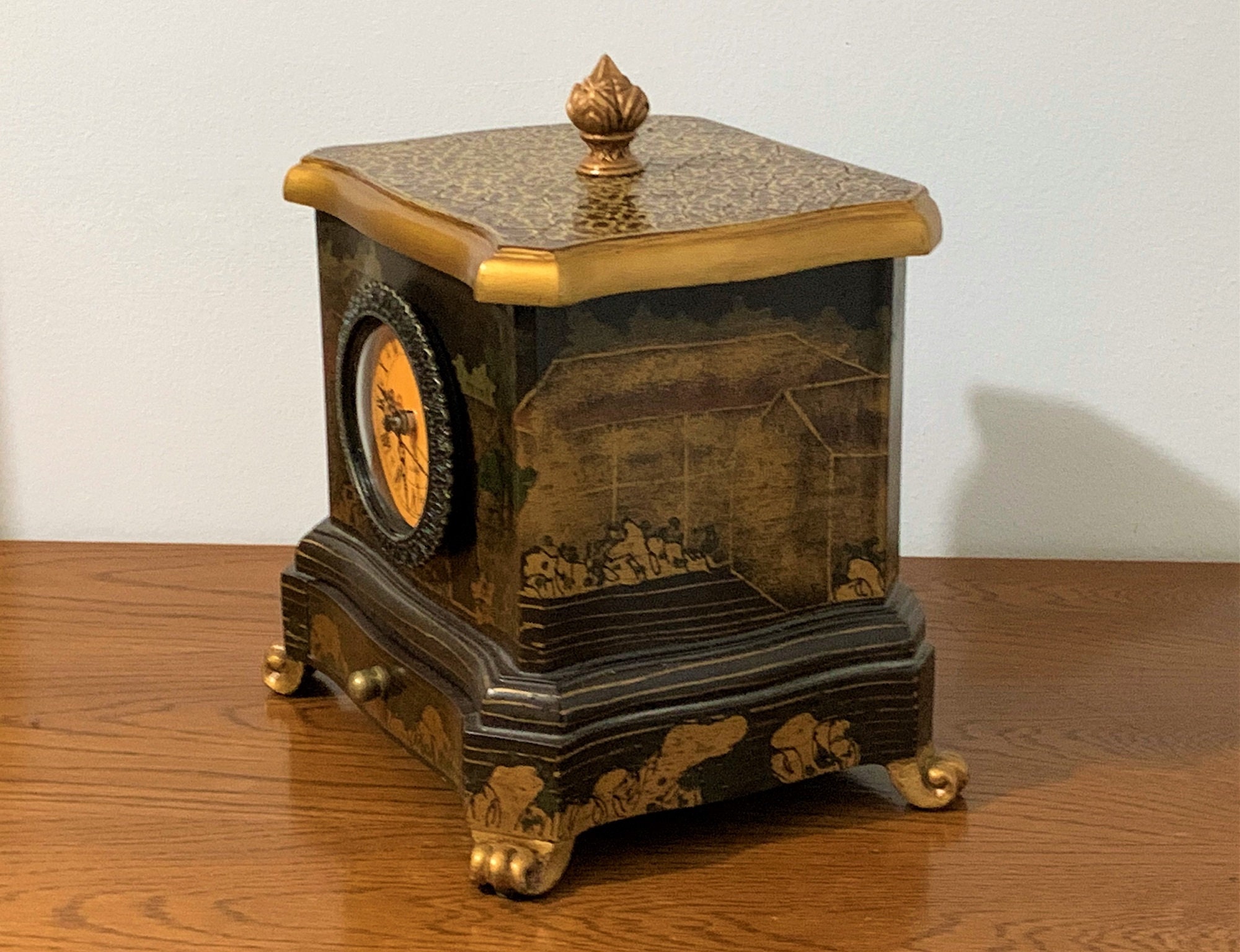 Vintage Large Decorated Wood Clock Trinket Storage Box, Removable Lid W