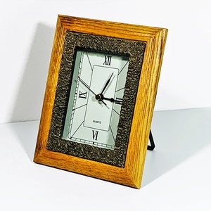 American Walnut Custom Mantel Clock, Ornate Bronze Inner Frame, Precision Quartz, 7.5&quot; T. 6&quot; W. Large Dial. Restored. Free US Shipping.