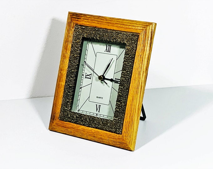 American Walnut Custom Mantel Clock, Ornate Bronze Inner Frame, Precision Quartz, 7.5" T. 6" W. Large Dial. Restored. Free US Shipping.