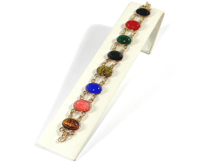 Vintage 1950 12K Gold Filled Unique Scarab Bracelet. 8 Large Natural Gemstone Scarabs 16X12mm, 8" L. 21 Grams, Refinished, Free US Shipping