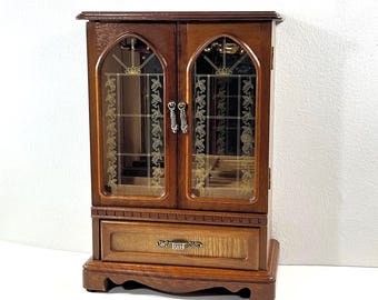 Vintage Mele™ Carved Wood Jewelry Armoire, 13.5" T. 9.5" W. 2 Hangers, Mirror, Drawer, Rings Section, Restored. Free US Shipping