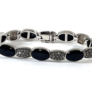 Vintage Sterling Silver Marcasite & Black Onyx Bracelet: Refinished, 8&quot;