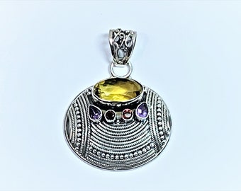 Large Sterling Silver Gemstones Slide, 20 Carats Oval Citrine, 2 Pear Shape Amethyst, 2 Round Garnet, 22.80 Grams, 60mm L. 45mm W. Original.