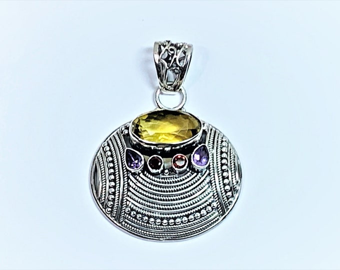 Large Sterling Silver Gemstones Slide, 20 Carats Oval Citrine, 2 Pear Shape Amethyst, 2 Round Garnet, 22.80 Grams, 60mm L. 45mm W. Original.