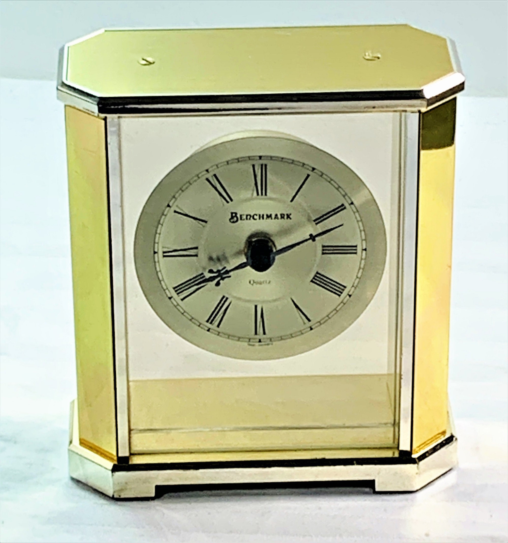 Requires 1 AA Battery Tested Cond Solid Brushed & Polished Brass made in Germany 197080s in Exc Working Benchmark Quartz Mantel Clock