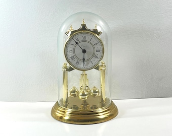 Vintage Elgin™ Haller Quartz W97 Germany Brass Anniversary Clock, Glass Dome, Sphere Pendulum, 9" T. 6" Base, Serviced, Free Shipping