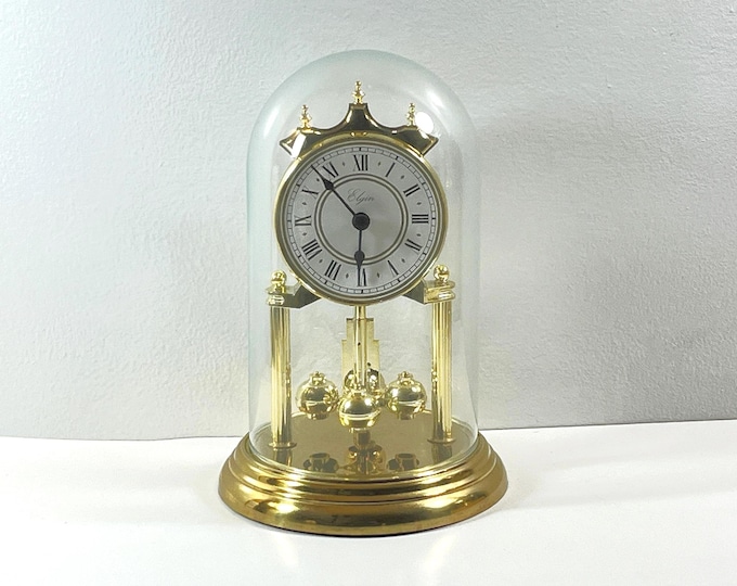 Vintage Elgin™ Haller Quartz W97 Germany Brass Anniversary Clock, Glass Dome, Sphere Pendulum, 9" T. 6" Base, Serviced, Free Shipping